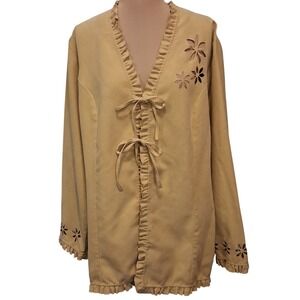 Maggie Sweet Tan Microsuede Floral Cutout Ruffle Tie Front Top XL boho festival